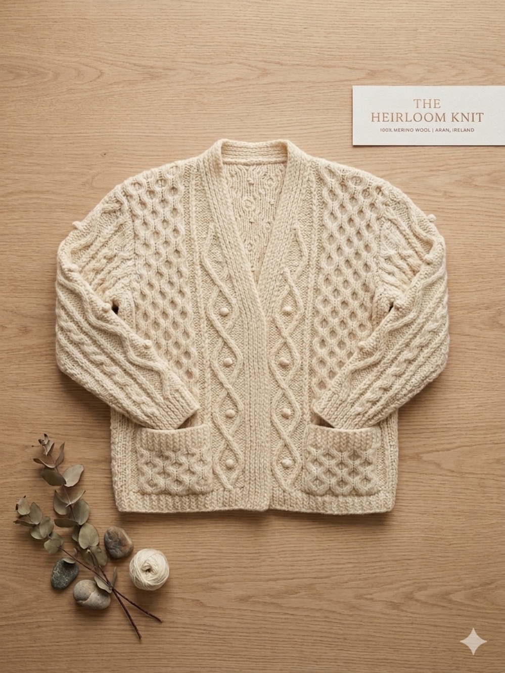 Vintage Irish Aran Cable Knit Cardigan Sweater Cream Wool Chunky Size Medium